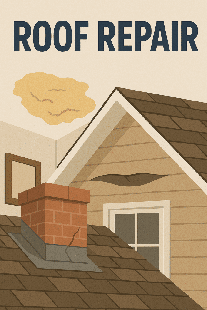 Featured roofing graphic with bold heading "Roof Repair" above illustrations of water-stained ceiling, sagging roof deck, and chimney with damaged flashing.