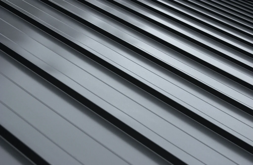 Close-up view of gray standing seam metal roofing panels showing the durability and modern design featured in residential metal roofs.